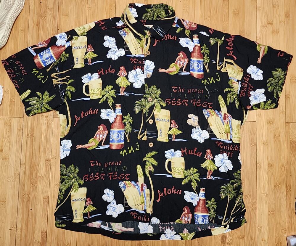 Kahala Shirt Mens XL Black Hula Girl Beer Hawaiian Rayon Short Sleeve Aloha Camp